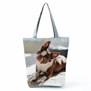 Casual τσάντα shopper με τύπωμα σκύλου, μεγάλη τσάντα ώμου καμβά για καθημερινή χρήση.