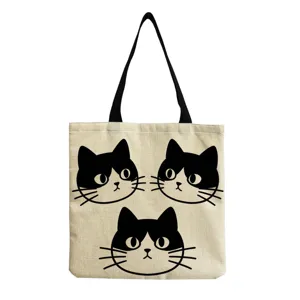 Borsa tote in tela con stampa gatto nero vista di dettaglio borsa spalla casual.