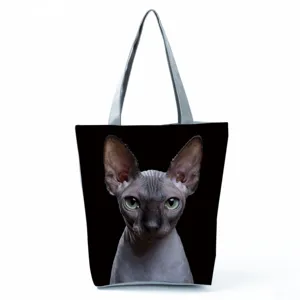 Sphynx cat print tote bag large capacity casual shoulder bag daily shopping handbag grey