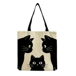 Borsa shopper in tela con stampa di gatto nero carino, borsa ecologica casual per la spesa.
