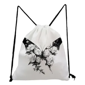 Zaino a sacca bianco con elegante stampa di farfalla con fiori in bianco e nero.