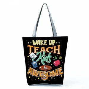 Detailed view of the teacher theme printed canvas tote bag, featuring clear colorful graphic.
