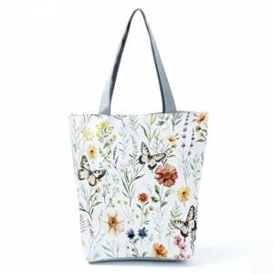 Watercolor floral butterfly print canvas tote bag, large capacity casual shoulder bag.