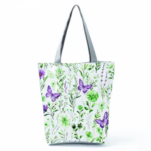 Elegant botanical butterfly print canvas tote bag with large capacity for daily shopping.