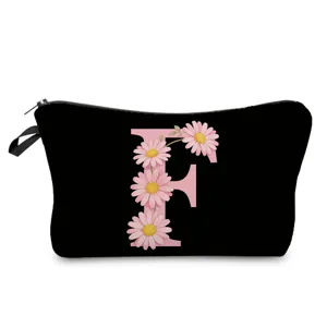 Bolsa de maquillaje negra con estampado floral de letra F, estuche con cremallera ligero.