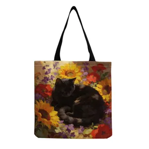 Borsa shopper in tela con gatto nero e stampa di pittura a olio floreale, ecologica e riutilizzabile.
