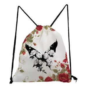 Borsa con coulisse stampa farfalla casual leggero pieghevole zainetto in tessuto bianco