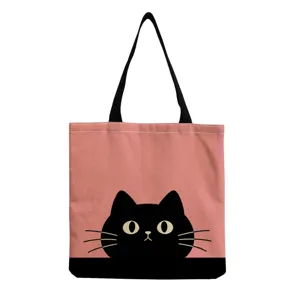 Borsa shopper in tela con gatto nero carino e sfondo rosa, elegante borsa casual per donna.