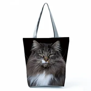 Large capacity canvas tote bag featuring a realistic fluffy cat print and convenient shoulder straps.