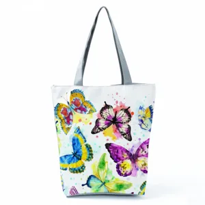 Watercolor butterfly print canvas tote bag, large capacity fashion handbag for daily use.