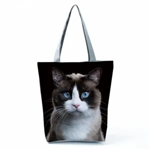 Large capacity cat print canvas tote bag, casual shoulder handbag for travel and daily use.
