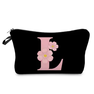 Bolsa cosmetica de maquillaje negra con letra L rosa estampado floral estuche de almacenamiento