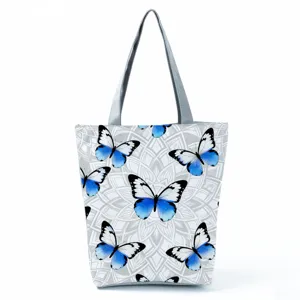 Women Fashion Polyester Tote Bag Large Capacity Butterfly Print Shoulder Bag Foldable Zipper Eco Grocery Shopping Handbag