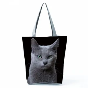 Black cat print canvas tote bag, casual shoulder bag with large capacity for travel and use.