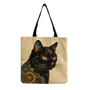 Vintage black cat print canvas tote bag, casual reusable grocery shopping handbag for women.