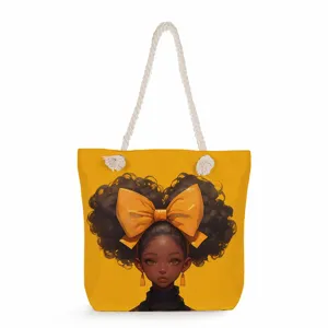 Sac cabas en toile avec impression stylisée de fille noire, grand sac porté épaule.
