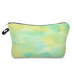 Détail de trousse de maquillage aquarelle vert jaune, sac de rangement portable.