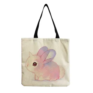 Canvas shopper detail weergave, schattig fantasie konijn print, grote casual boodschappentas.