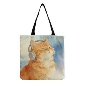 Detailed view of the cute cat print canvas tote bag, perfect for daily shopping and casual use.