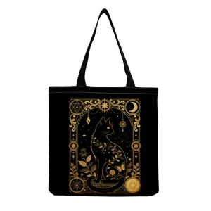 Black canvas tote bag with mystical gold cat print, portable retro shoulder handbag.
