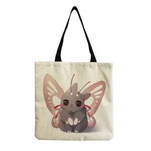Leuke canvas tote bag met vlinder konijn print, casual schoudertas met grote capaciteit voor winkelen.