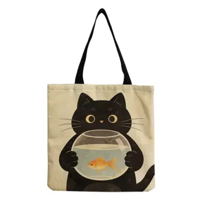 Close-up of the cute black cat print canvas tote bag, showing the playful fishbowl design.