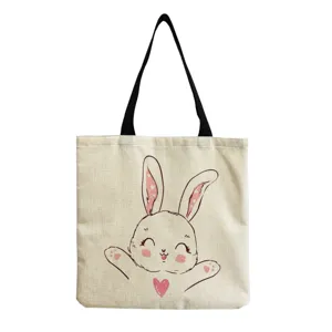 Leuke cartoon konijn print canvas shopper tote tas, casual grote capaciteit tas detail.