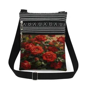 Chic double zipper crossbody bag with red rose oil painting print and black white stripes.