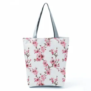 Τσάντα shopper από καμβά με τύπωμα ανθού κερασιάς, κομψή τσάντα ώμου για καθημερινή χρήση.