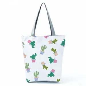 Tote tsanta apo kamva me print kaktou, leptomereia, casual gynaikeia tsanta omou