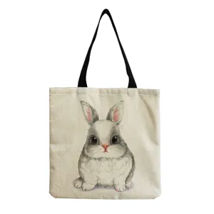 Canvas shopper tas met leuke grijs konijn print, casual schoudertas met zwarte hengsels.