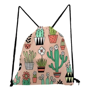 Cute cartoon cactus print drawstring backpack, casual daily storage bag and folding pouch detail view.