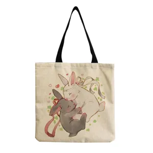 Leuke cartoon konijn canvas shopper tas voor dames, grote casual schouder boodschappentas.