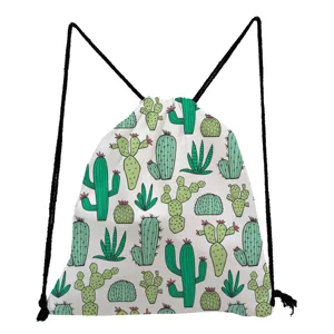 Detailed view of the white drawstring backpack featuring a cute green cactus pattern design.