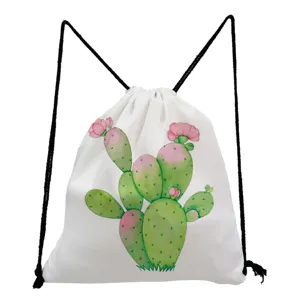 White watercolor cactus print drawstring backpack, casual travel storage bag, lightweight foldable design.