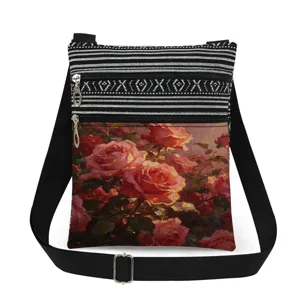 Vintage oil painting red rose print crossbody bag with black white striped pattern double zippers.
