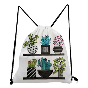 White watercolor potted cactus print drawstring backpack casual foldable storage daily bag