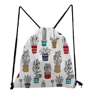 Fresh cactus printed drawstring backpack, lightweight foldable daily travel storage bag.