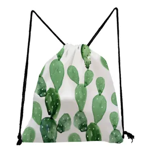 Detailed view of the white watercolor cactus print drawstring backpack, casual storage bag.