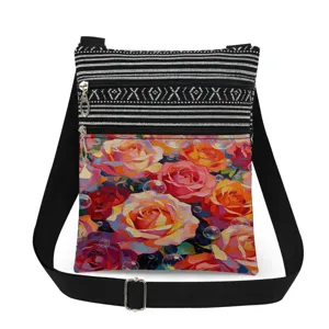 Detailed view of women's floral print crossbody bag featuring striped pattern and dual zippers.