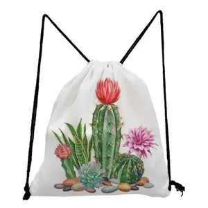 White canvas drawstring backpack with cute watercolor cactus and succulent print casual daypack.