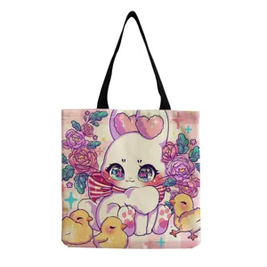 Schattige konijn canvas tas voor vrouwen, cartoon print casual schoudertas met grote capaciteit.