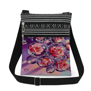Women's double zipper crossbody bag with black white stripes and rose flower oil print.