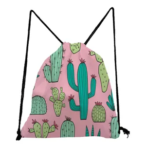 Detailed close-up view showing the cute pink cactus pattern on the drawstring bag.
