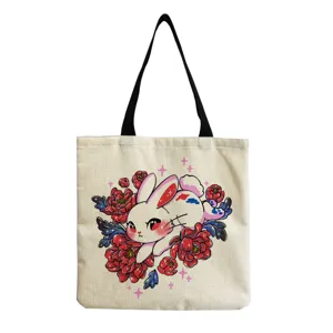 Canvas schoudertas met konijn en bloemen, grote casual tas voor dagelijks gebruik.