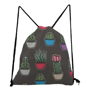 Closeup view of the cactus printed drawstring bag featuring the detailed potted plant pattern.