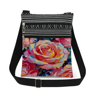 Women Floral Print Crossbody Bag Vintage Rose Pattern Messenger Bag Double Zipper Lightweight Polyester Shoulder Bag With Adjustable Strap Casual Travel Purse