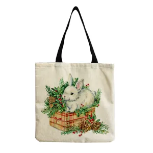 Canvas shopper tas met schattige konijnenprint, casual schoudertas voor dagelijks winkelen.