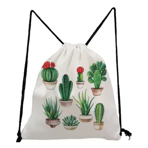 Detail view of the fresh cactus print drawstring backpack showing detailed watercolor succulent pattern.