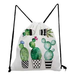 Watercolor cactus print canvas drawstring backpack, cute daily storage casual shoulder bag.